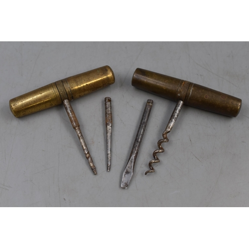 227 - Two WWI Officers Brass Cased Pocket Tool kits to include Corkscrew and Screwdriver Bits