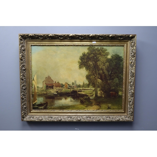 675 - A Large Gilt Framed Dedham Lock and Mill By John Constable Print, Produced By Fiehl. Approx 25.5