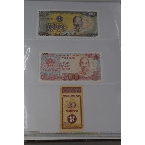 236 - Folder Containing a Large Selection of Worldwide Uncirculated Bank Notes. Includes Mongolia, Ukraine... 