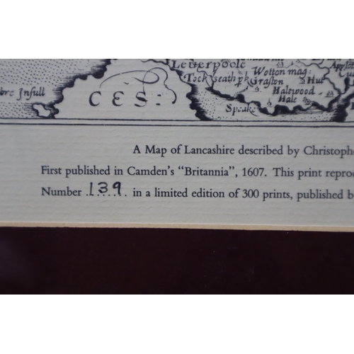 677 - A Framed and Glazed Limited Edition Print Map of Lancashire, Originally By Christopher Saxon and Wil... 