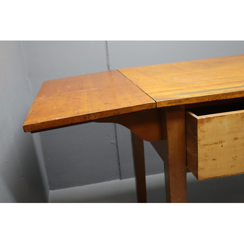 646 - Sturdy wooden drop leaf work bench/table with two large deep drawers and a brass rule inlaid into th... 