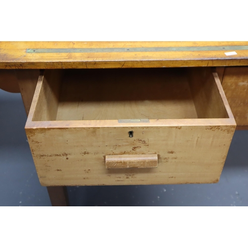 646 - Sturdy wooden drop leaf work bench/table with two large deep drawers and a brass rule inlaid into th... 