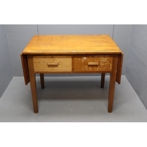 646 - Sturdy wooden drop leaf work bench/table with two large deep drawers and a brass rule inlaid into th... 