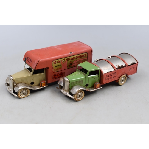 253 - Two Vintage 1930's Tin Plate Tri-Ang Mechanical Minic Trucks one a/f (no keys)