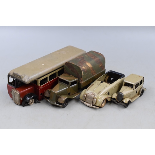 255 - Four Vintage 1930's Tin Plate Mechanical tri-Ang minic Vehicles to include Army Truck, Bus and Cars ... 