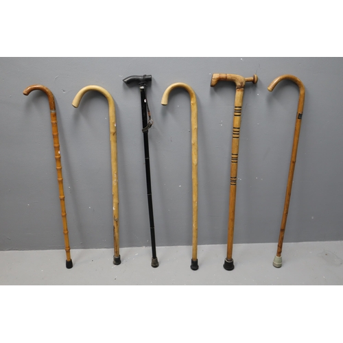 689 - Mixed Lot of 6 walking sticks to include natural Wood, Cane and hand carved plus Adjustable lightwei... 