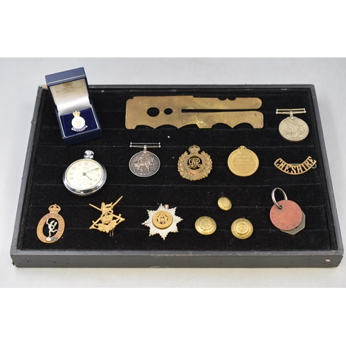 262 - Selection of Military items to include WWI Medal for PTE Leary 660406, Buttons, Pocket Watch and mor... 