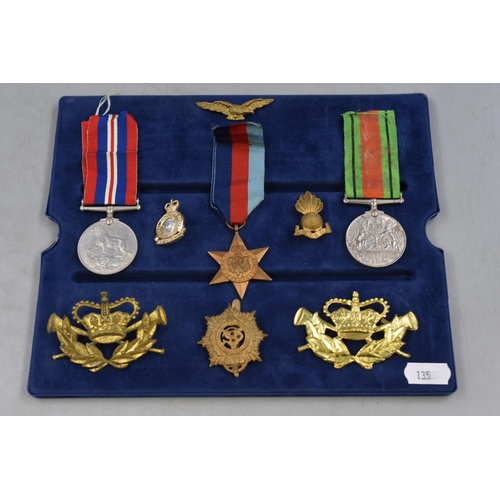 265 - Group of 3 World War 2 Medals War, Defence and 39-45 Star, all with Ribbons and 6 Military Badges