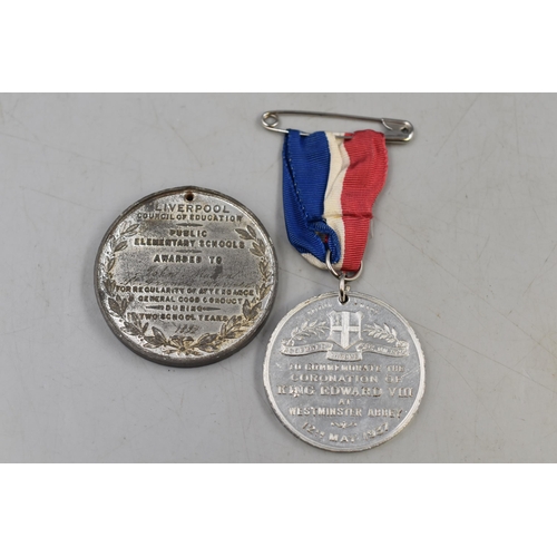 271 - Edward VIII 1937 Coronation Medal and a Liverpool Council of Education Attendance Medal From 1892