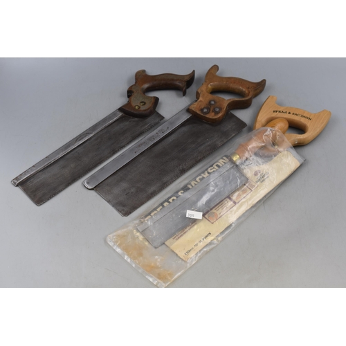 756 - three tenon saws to include W I Horn, Thomas Flinn and Spear and Jackson plus a Marple pad saw