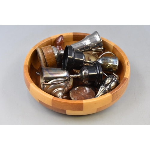 279 - Circular Wooden Bowl Containing selection of Trophies, Paperweights and More