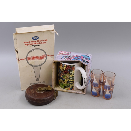 803 - A Mixed Selection To Include Marvel Comics Mug, Chesterman Tape, Shot Glasses and More