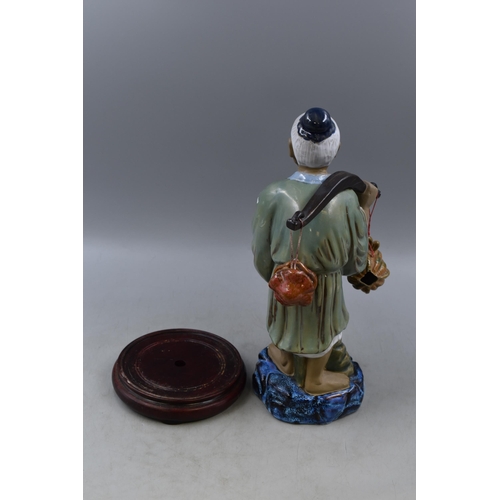 285 - A Large Japanese Mudman Fisherman Figure, On Wooden Plinth. Approx 16