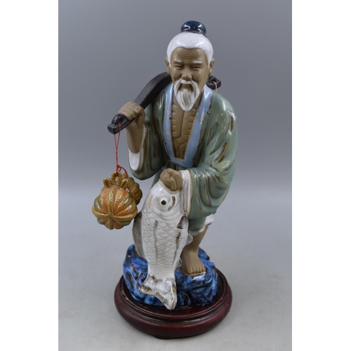 285 - A Large Japanese Mudman Fisherman Figure, On Wooden Plinth. Approx 16