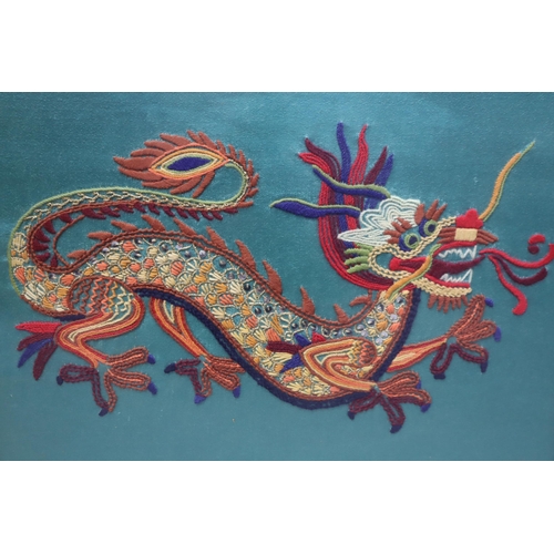 811 - Two Oriental Pictures to include Colourful Embroidered Dragon and Bird Print. Framed and Glazed (Lar... 