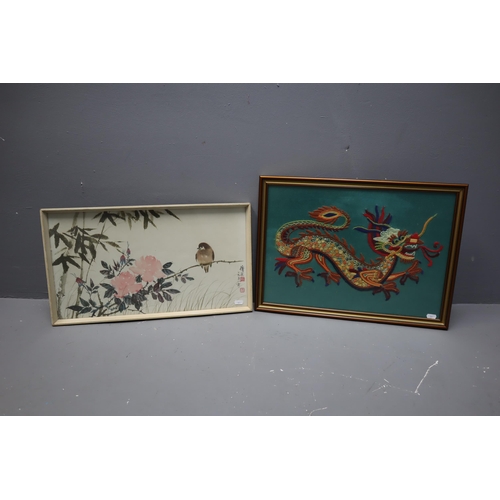 811 - Two Oriental Pictures to include Colourful Embroidered Dragon and Bird Print. Framed and Glazed (Lar... 