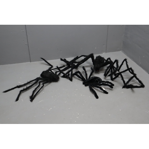 814 - Three Large Fluffy Spider Decorations with Folding Legs (one with lights, untested)