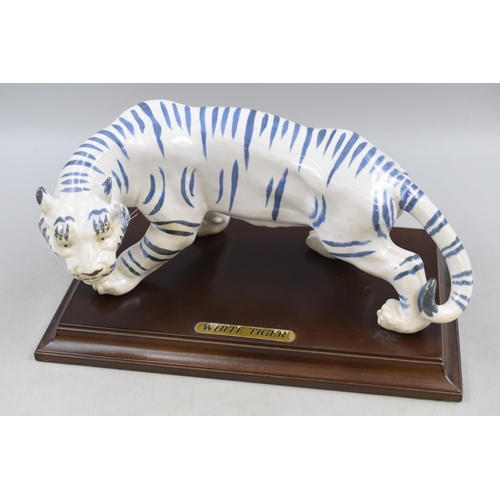 296 - A Blue and White Chinese 'White Tiger' Figure, On Wooden Plinth. Approx 12