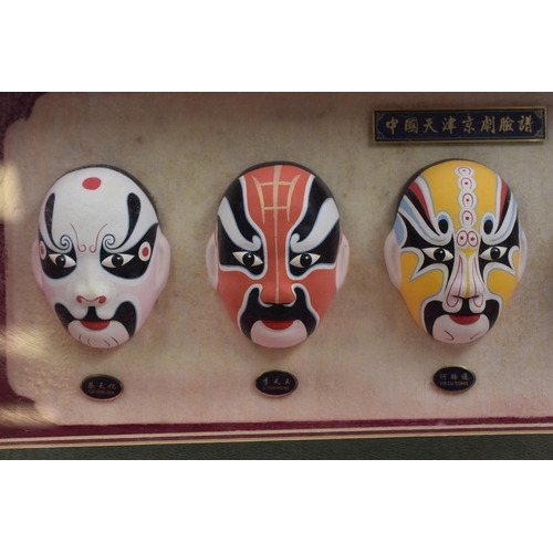 299 - Framed and Glazed Set of Hand Painted Chinese Ceramic Opera Mask approx 22