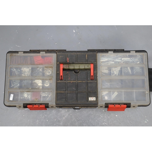 848 - Black plastic tool box and a tool tray containing various hand tools, to include hammers, spanners, ... 