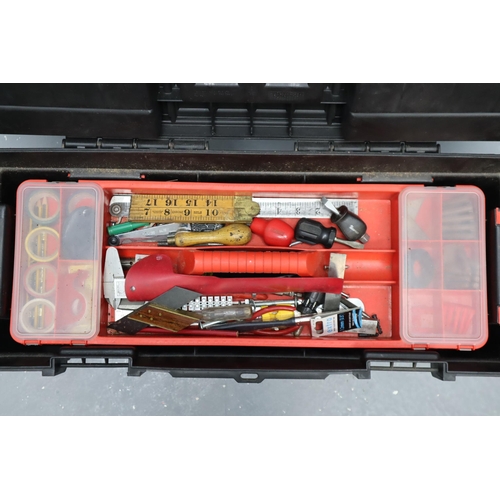 848 - Black plastic tool box and a tool tray containing various hand tools, to include hammers, spanners, ... 