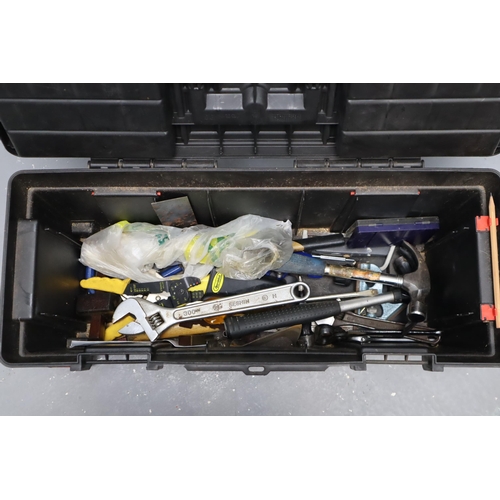 848 - Black plastic tool box and a tool tray containing various hand tools, to include hammers, spanners, ... 