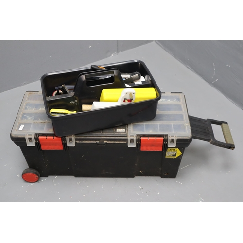 848 - Black plastic tool box and a tool tray containing various hand tools, to include hammers, spanners, ... 