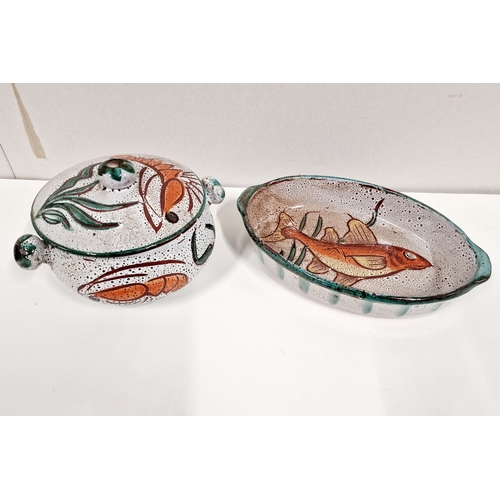 308 - Vintage French Crock pot and Fish Dish by Valerie's Both Pieces Hand Painted and Signed.