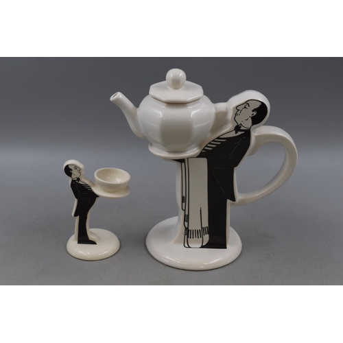 320 - The Silver Crane Company Ceramic Butler themed Teapot and Egg Cup (Tallest 11