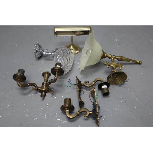 865 - Set of 3 Wall Lights, Picture Light, Brass Tulip Wall Light and a Chrome Crystal Tulip Lamp