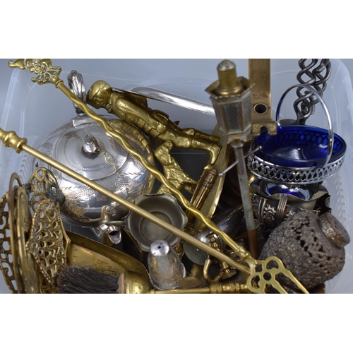 868 - A Mixed Selection of Brass and Silver Plated Ware. To Include Part Companion Set, Salts, Dog and Own... 