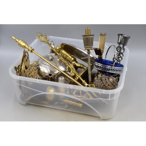 868 - A Mixed Selection of Brass and Silver Plated Ware. To Include Part Companion Set, Salts, Dog and Own... 