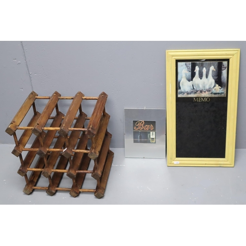 869 - Wooden Wine Rack, Memo Board, and a Bar Sign