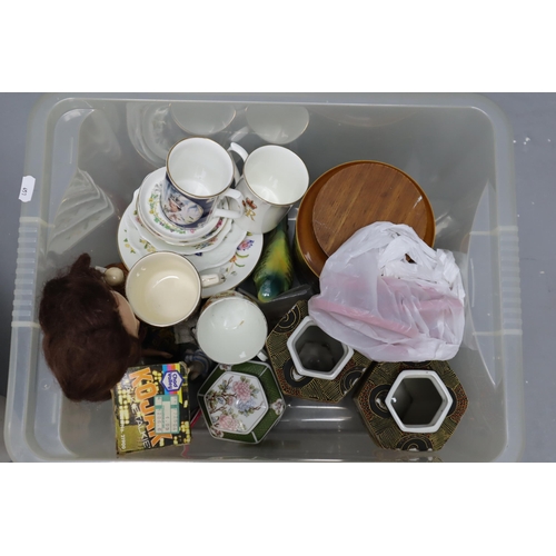 878 - A Two Box Mixed Lot To Include Royal Commemorative Ceramics, Collectable Tins, Wade Ceramic Jugs, Ko... 