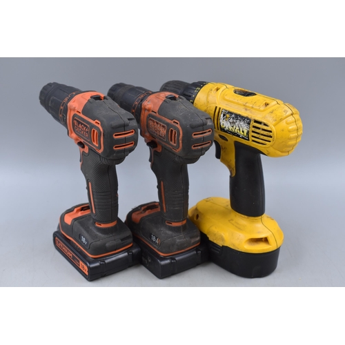 731 - Mixed Lot of Three Cordless Drills with batteries Attached to include Black and decker and Dewalt al... 