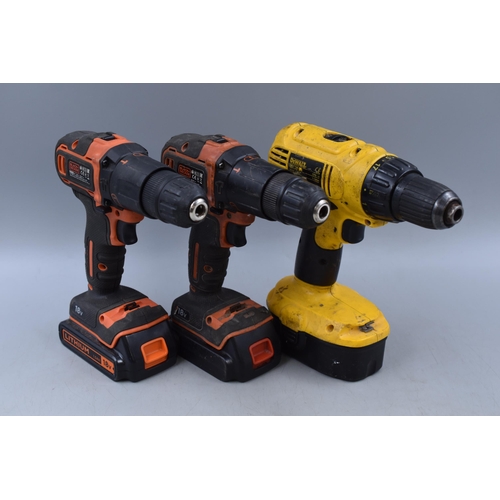 731 - Mixed Lot of Three Cordless Drills with batteries Attached to include Black and decker and Dewalt al... 