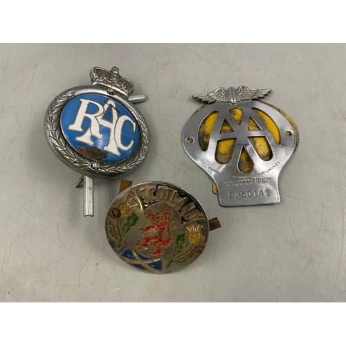 194A - Three Vintage Metal Car Badges including Enameled RAC, Scotland and AA 