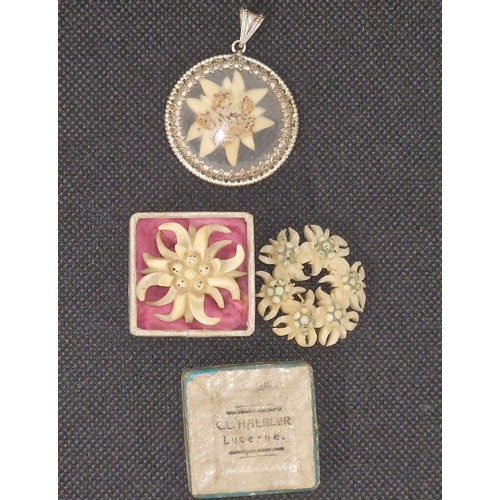 79A - Silver 800 Mounted Eideweiss Flower and 2 Swiss Eidelweiss Brooches.