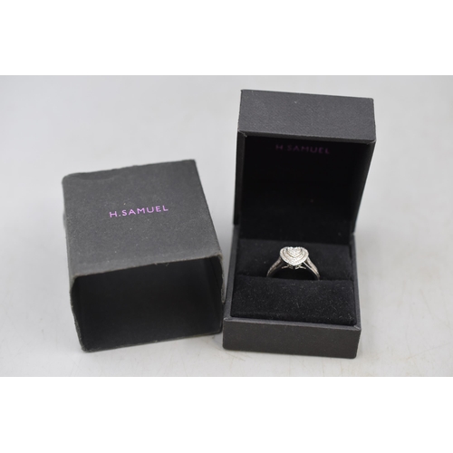 3 - A 925. Silver Designer Diamond Stoned (01.ct) Loveheart Ring, Size K. With Presentation Box
