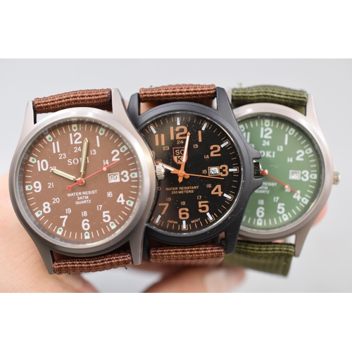 115 - Three Soki Fabric Strapped Gents Quartz Watches