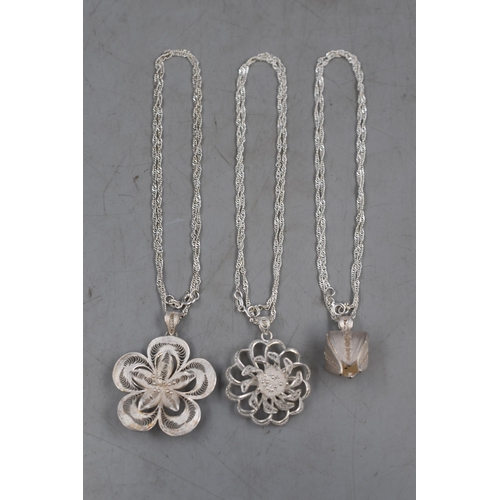 48 - Three Floral Silver 925 Filigree Necklaces to include Tulip Design and Two Open Flowers