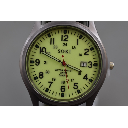 108 - A Soki Military Style Glow in The Dark Watch, On Stand