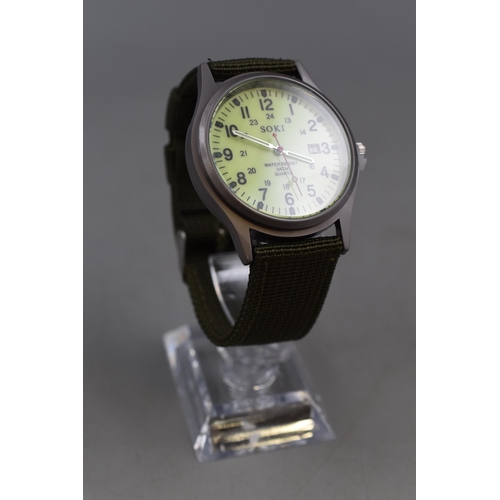 108 - A Soki Military Style Glow in The Dark Watch, On Stand