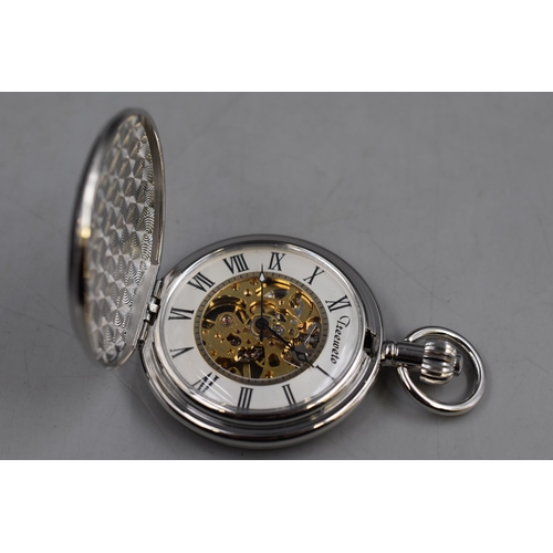 126 - Treeweto full hunter pocket watch in silver with fob, brand new with box and sleeve.