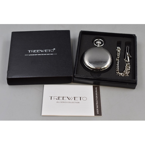 126 - Treeweto full hunter pocket watch in silver with fob, brand new with box and sleeve.