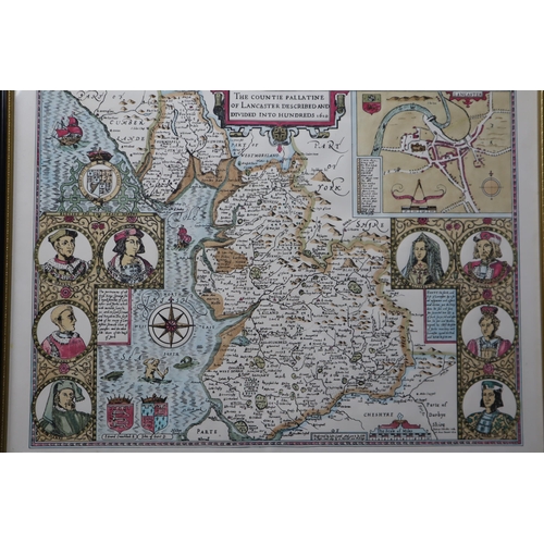 418 - Framed Map of 'The Countie Pallatine of The Lancaster Described and Divided Into Hundreds 1610' Appr... 