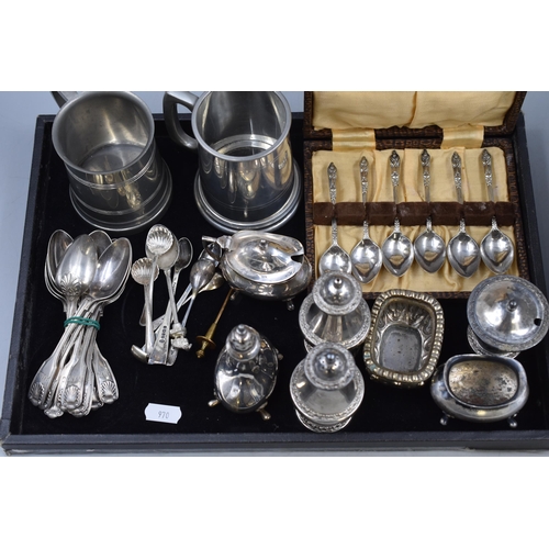 136 - A Large Selection of Silver Plated and Pewter. Includes Cutlery, Condiment Sets, Goblet And More