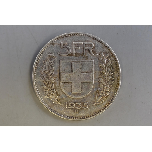 143 - Swiss 1935 Silver 5 Franc William Tell Coin