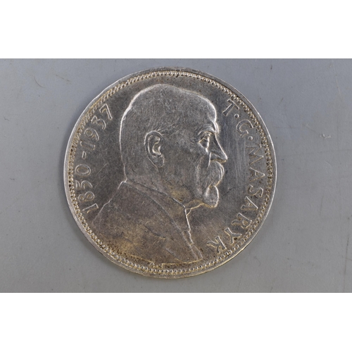 156 - President Masaryk 1937 Czechoslovak Republic 20 Korun Silver Coin