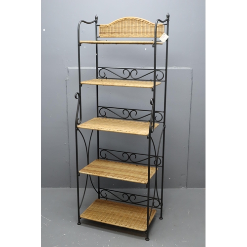 534 - Wrought Iron and Wicker Folding Bakers Rack Shelf Unit Decorated with Scroll Work 67